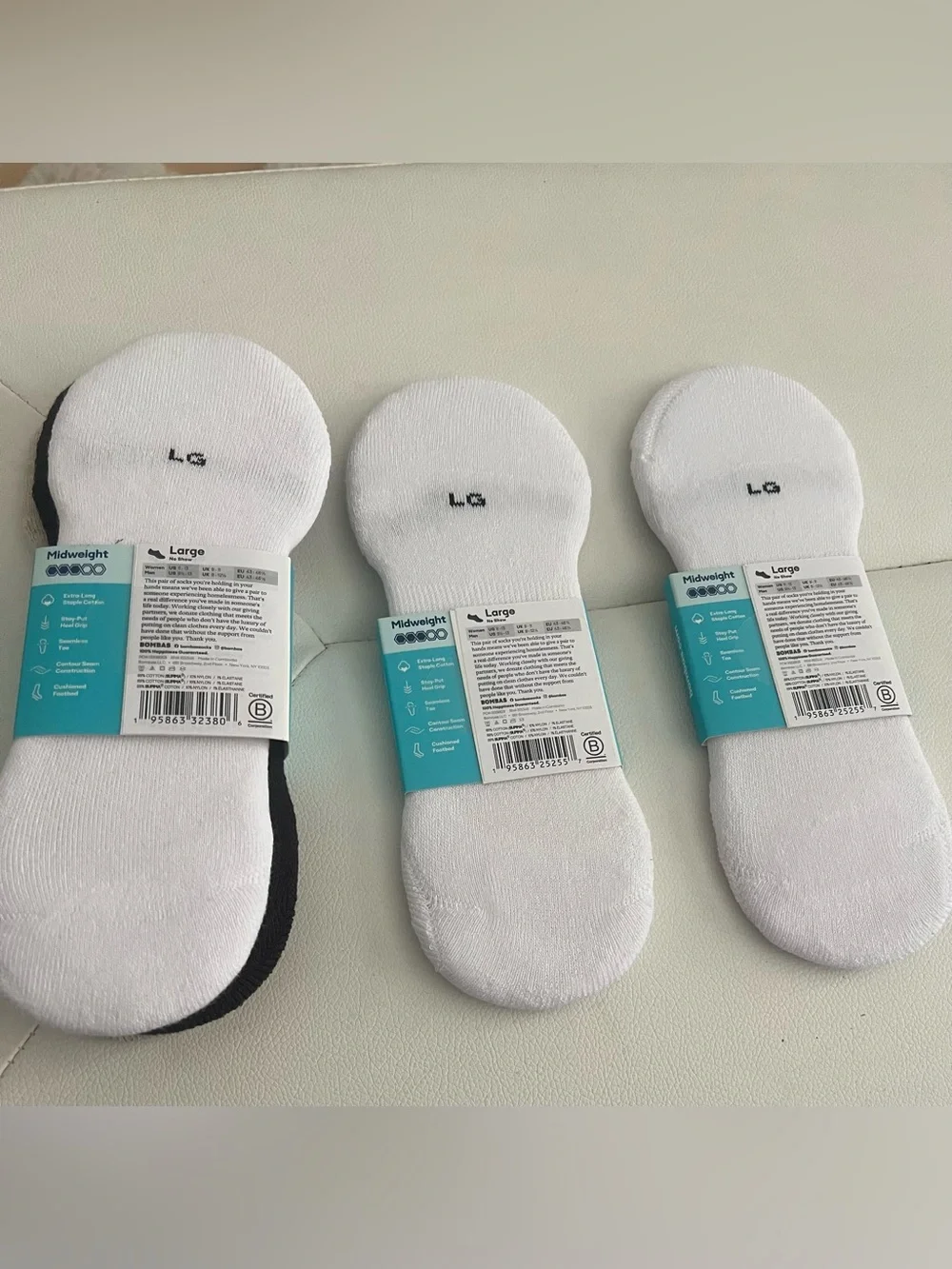 Bombas Mid-Cut No-Show Socks - White & Beige - Large (5)